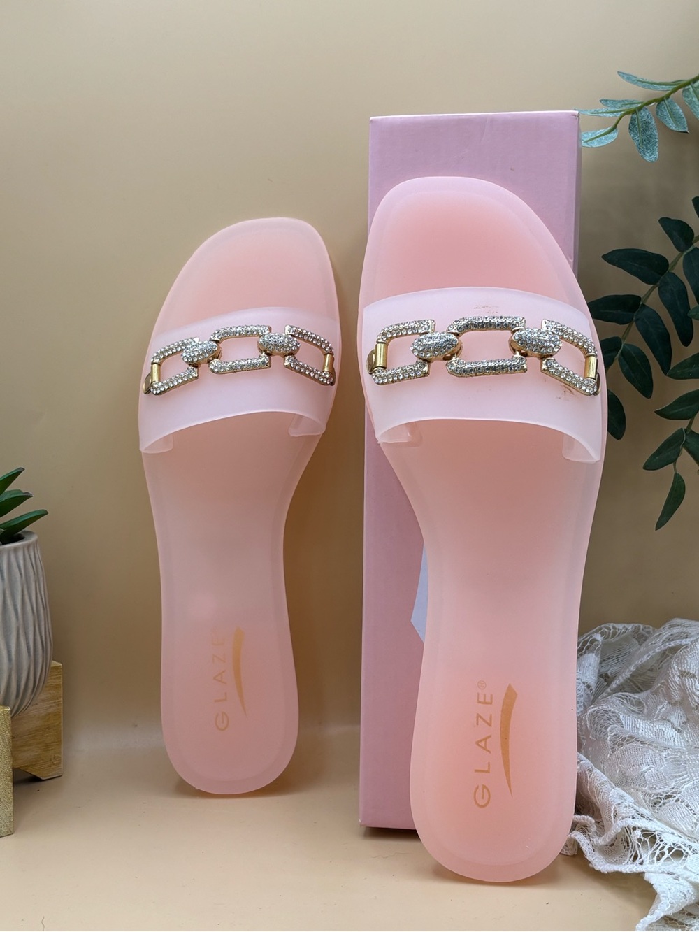 Glaze Soft Pink Jelly Slide Sandals with Gold Rhinestone Chain